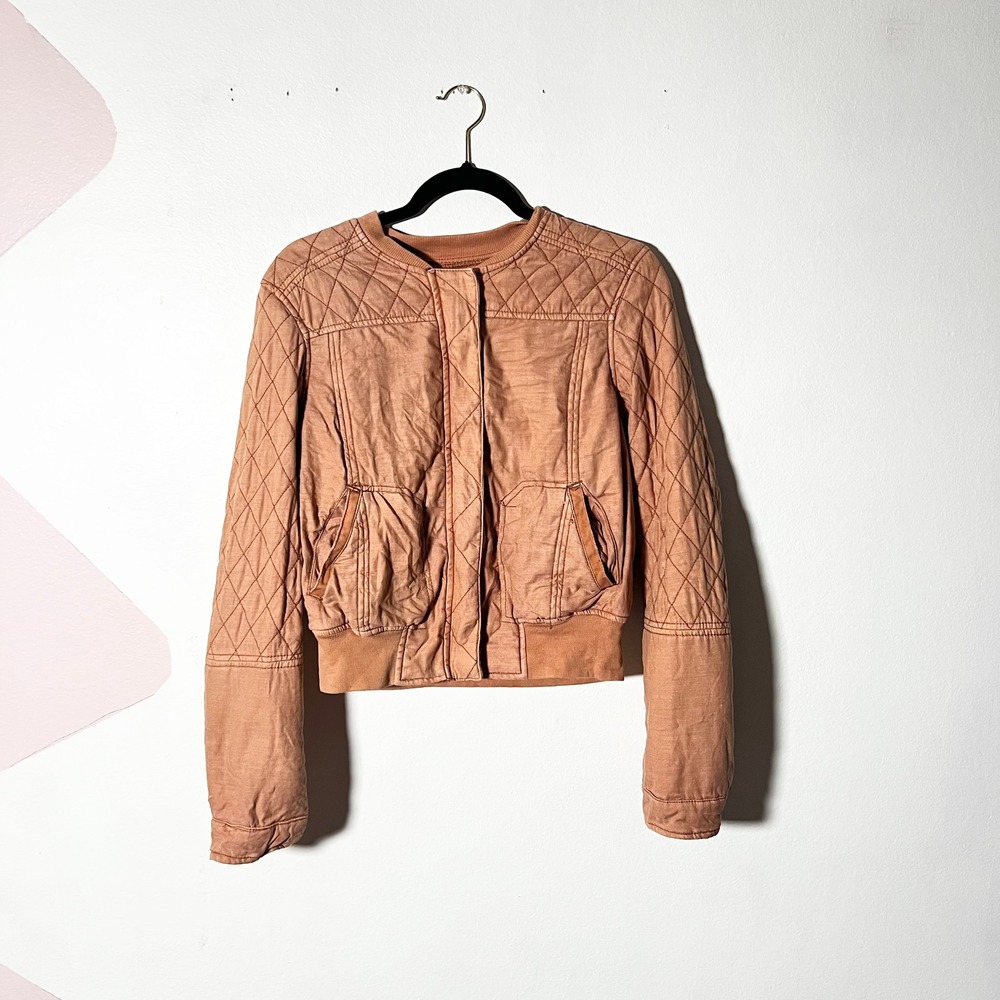 Anthropologie Hei Hei Quilted Bomber Jacket Medium Terracotta Linen Boho